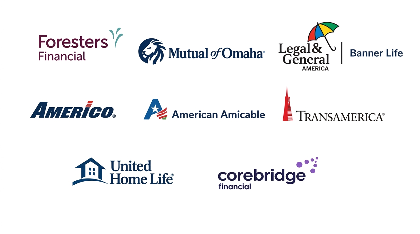 Carrier partners: Foresters Financial, Mutual of Omaha, Legal & General America, Banner Life, Americo, American Amicable, Transamerica, United Home Life, and Corebridge Financial