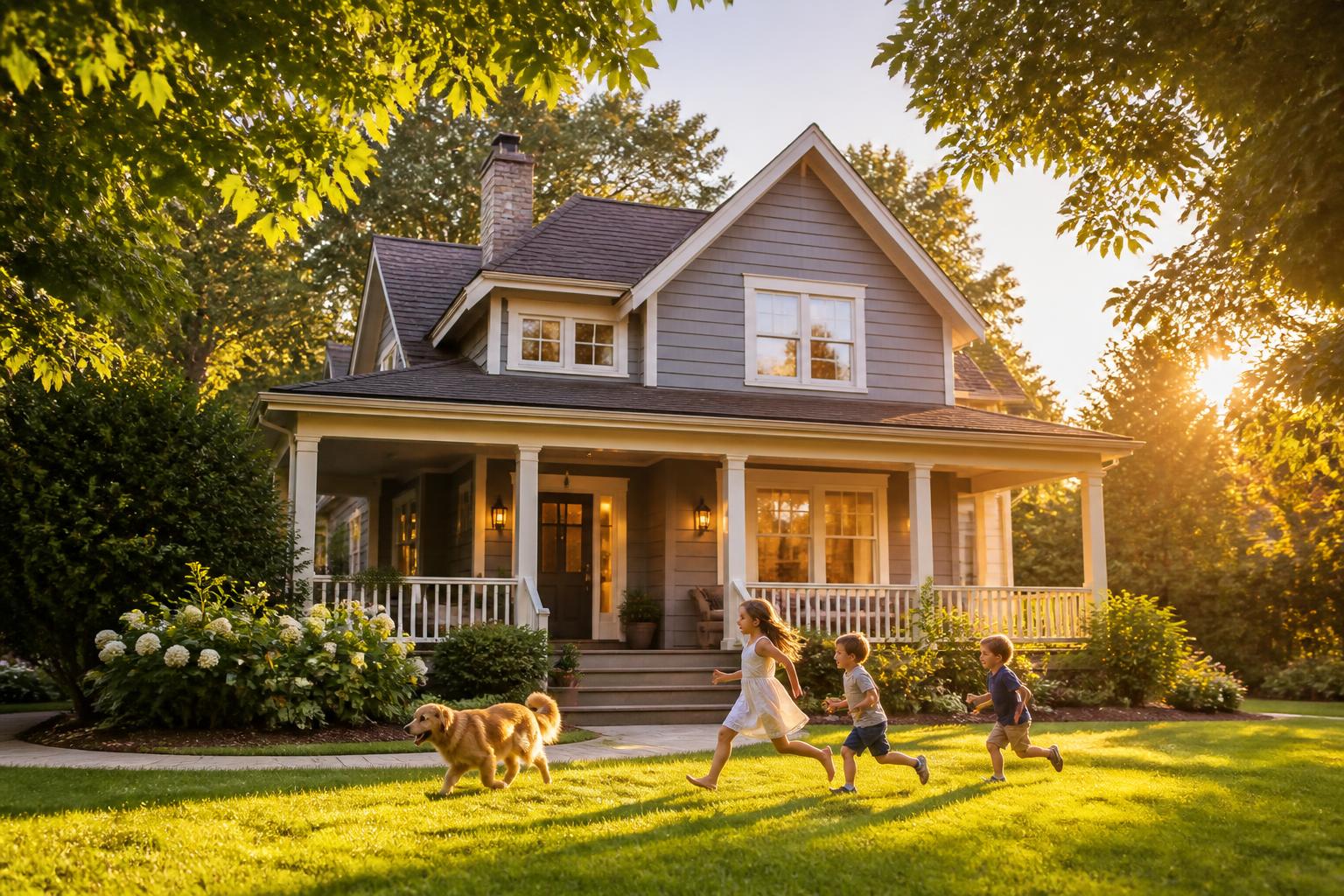 A warm suburban home with children playing on the front lawn in the late afternoon sun